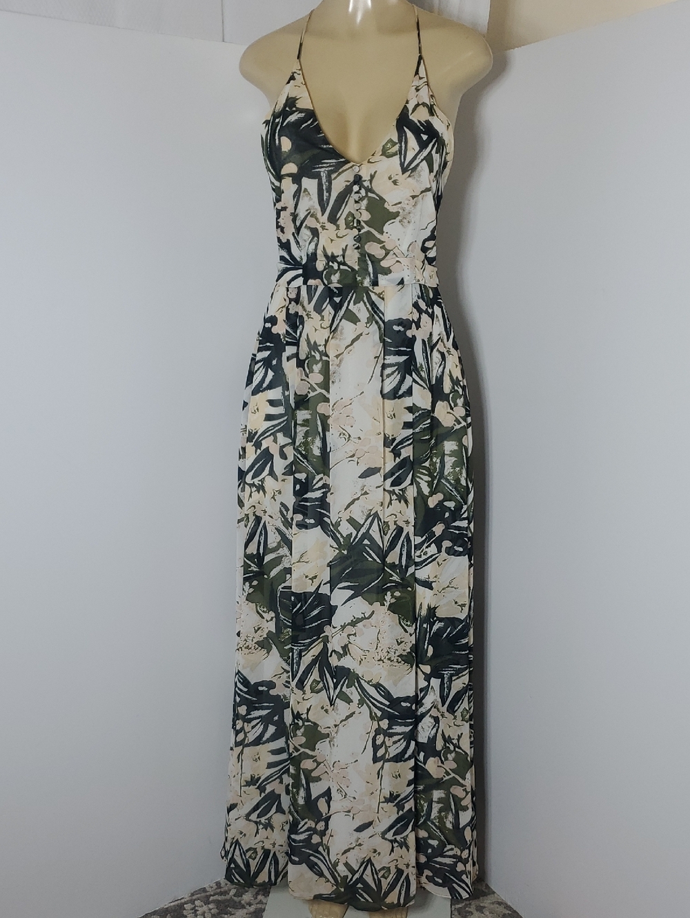 H&M v neck Spaghetti-Strap Green Floral Maxi Dress Size 6